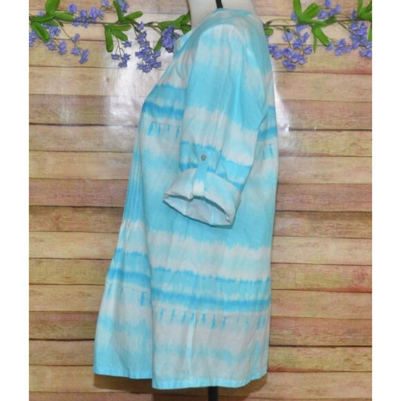 J. Jill Ladies Pintuck 3/4 Roll Tab Sleeve V-Neck Blouse Top Size M Blue & White - Picture 5 of 13